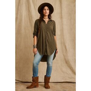 Free People x CP Shades High Low Button Down 100% Cotton Olive Brown Size XS